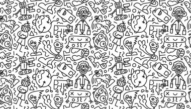 Soyut doğrusal komik karakterler kusursuz desenler çizerler. Siyah, kalın, kaotik, sonsuz iz. Modern şehir tarzı graffiti maskotları arka planda. Çağdaş monokrom sanat mürekkebi grafiği