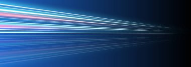 Panoramik yüksek hız teknolojisi kavramı. Soyut arkaplan içeren hafif hareket efektleri. Hızı yol üzerinde gösteriyor. Siberpunk tarzı ışık yolları, dinamik hareketler. Fütürist ışık çizgileri
