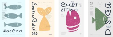 Soyut, kalın poster şablonları. Basit balık şekilleri ve yaratıcı modern tipografi. Acımasız yapı, minimalist estetik ve postmodern beceri. Çağdaş sanat sergisi veya etkinlik duyurusu