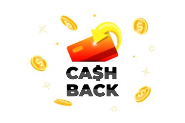 Nakit para ödüllü program afiş konsepti. Kredi kartına dönen altın sikkelerle servis terfisini iade et. İkramiye parası reklam sembolü. Beyaz arkaplanda mali ödeme amblemi