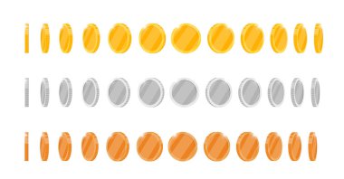 Animasyon altın, gümüş ve bronz sikke dönüşleri bilgisayar oyunu uygulaması için farklı yönlerde. Boş kumarhane jetonu çeşitli açılardan dönüyor. Dönen metal başarı sembolü. Düz 3D para birimi hareket halinde