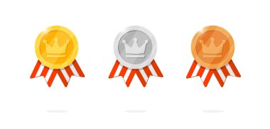 Gaming achievement award medal icon set with crown symbol and red striped ribbon. Winner place gold, silver, bronze ranking and quality medallion in royal theme. Game leader bonus animation badge clipart