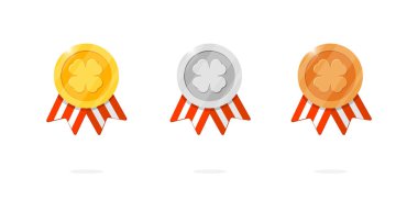 Gaming achievement medal icon set with four leaf clover symbol and red striped ribbon. Winner place gold, silver, bronze ranking and quality medallion in luck theme. Game leader bonus animation badge clipart