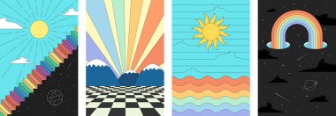 Boho hippi resimli, eski moda, soyut poster koleksiyonu. Güneşli, yıldızlı gökyüzü ve manzaralı saykodelik tasarımlar. Kaliteli Y2K estetik ve kalın grafik elementli vintage esinlenmiş baskılar