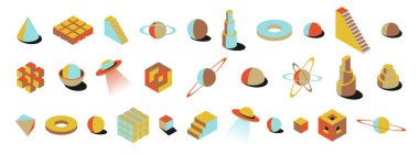 Parlak renklerle üç boyutlu soyut şekillerin toplanması. Retro tarzı küreler, küpler, UFO 'lar ve vahşi estetik gezegenler. Posterler, kartlar ve yaratıcı duvar sanatı veya şablonlar için ideal