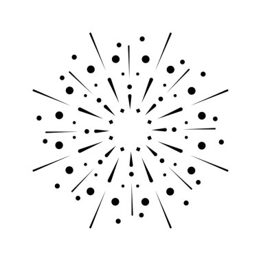 Işıltılı ışıltı tasarımı ile havai fişek patlaması. Soyut güneş ışınları ve ışık patlaması. Havai fişek kıvılcımlar saçar. Beyaz arkaplanda izole edilmiş siyah simge