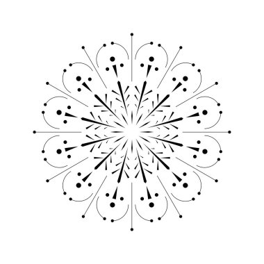 Patlayan kıvılcım ışınlarıyla göz alıcı bir havai fişek patlaması. Soyut işaret fişeği simgesi ışık salgını gösteriyor. Minimalist güneş patlaması grafiği beyaz arkaplanda siyah olarak izole edildi