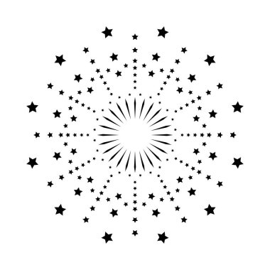 Havai fişek parlak kıvılcım ikonuna ilham verdi. Soyut ışık patlaması dairesel işaret fişeği çizgileriyle. Havai fişek patlaması, beyaz arka planda izole edilmiş siyah güneş patlaması tasarımı.