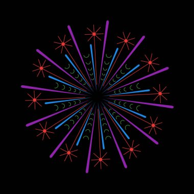 Parlak ışıltılı ışınlarla parlayan havai fişekler. Güneş ışınlarından esinlenen soyut ışık patlaması. Dairesel işaret fişeği tasarımı ile siyah arkaplan üzerinde canlı banger simgesi