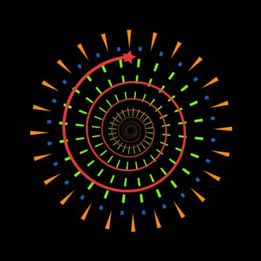 Havai fişek patlaması. Işıl ışıl ışıldıyor. Canlı havai fişekler siyah arkaplanda renkli kıvılcımlarla patlamaya neden oldu. Soyut güneş patlaması simgesi