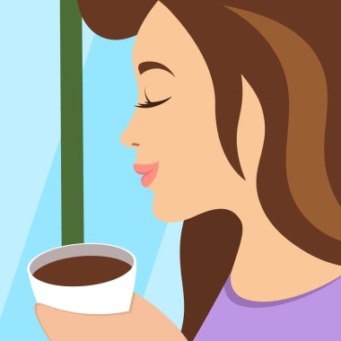 Close up of smiling woman enjoying warm cup of coffee or tea in cozy cafe. Dreamy peaceful atmosphere filled with elegance, relaxation and morning serenity. Square drawing banner clipart