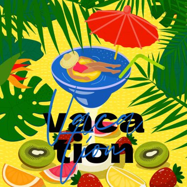 Kokteyl havuzunda yaz tatilinden zevk alan bir kadın. Tropikal, plaj ya da parti temaları için mükemmel. Tatil, etkinlik ya da yaşam tarzı etkinlikleri için ideal. Kare vektör pankartı çiziliyor.