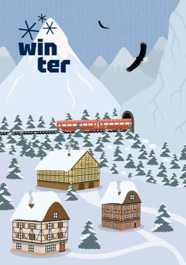 Karlı dağlarla, köyle ve geçen trenle kışın kırsal alan. Kar yağışı ve soğuk ama rahat hissettiren şenlikli atmosfer. Tatil, seyahat ve mevsimlik temalı tipografi posteri çiziliyor