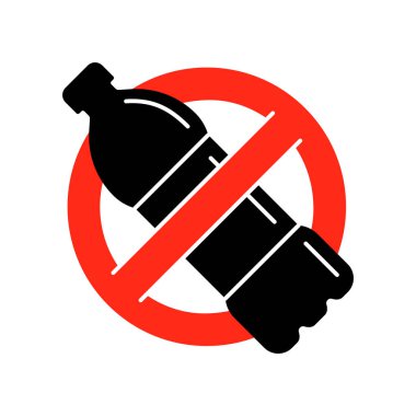 Plastik şişenin üzerinde kırmızı yasak işareti olan vektör simgesi. Minimalist taslak tarzı. Plastik yok, çevre koruma, atık azaltma ve kirliliği önleme sembolü yok. Eko bilinçli tasarım.