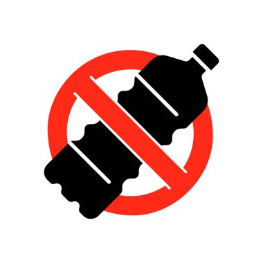 Plastik şişe üzerinde kırmızı ve siyah yasak işareti var. Çevre koruma ikonu için plastik kullanımının kısıtlanması. Atıkları, kirliliği ve ekolojik endişeleri durdurun. Suyun korunması ve korunması