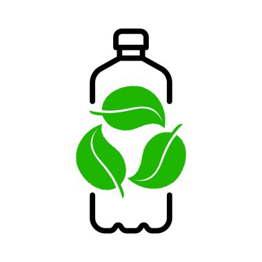 Yapraklı geri dönüşümlü plastik şişe geri dönüşüm süreci sembolü. Çevre koruma, atık azaltma ve yeniden kullanılabilir paket simgesi. Temiz ekoloji doğa ve su logosuna odaklanır