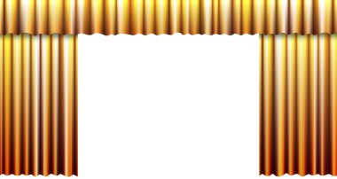 Lüks altın rengi dalgalı perde arkaplanı açıldı. Açılış töreni için kadife kumaş örtülü büyük tiyatro etkinliği. İzole edilmiş zarif kumaşlı sinema galasının veya sunumunun vektör illüstrasyonu.