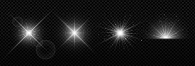 Parlayan patlamalı, ışıltılı ve radyal ışınlı saydam güneş ışığı mercekleri parlıyor. Koyu veya eğimli arkaplanda parlak soyut ışık efekti. Poster, gökyüzü veya sihirli tasarım teması için vektör illüstrasyonu