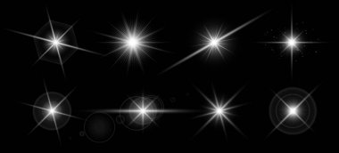 Pırıl pırıl parlayan bir yıldız patlaması ve şeffaf bir arkaplanda ışıldayan ışınlar. Parıltı, parlaklık ve güneş ışığı elementleriyle parlak ışık efekti. Sihirli dekoratif tasarım temaları vektör illüstrasyonu