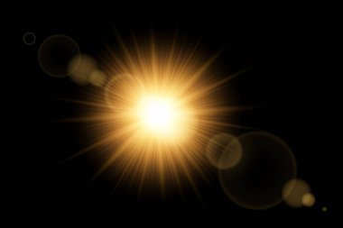 Parlak güneş ışıltısı ve parlak güneş ışığı ile parlıyor. Altın ışınlar ve parlak patlamalarla soyut güneş ışığı efekti. Yaz için mükemmel, doğa ve enerji temalı tasarımlar. Vektör illüstrasyonu.