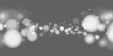 Işıldayan parçacıklar, kar ya da parıltı içeren sihirli beyaz bokeh arka plan. Yeni yıl kartı, pankart ve festival reklamları için modern vektör tasarımı. Işıl ışıl ve büyülü bir atmosfer.