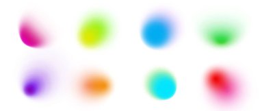 Rengi parlak mavi, yeşil, sarı, pembe ve kırmızı olan soyut bir arkaplan. Yumuşak bulanıklık, neon ışığı ve kumlu doku. Akışkan yarı saydam şekiller ve ombre etkisi. Moda Y2K estetiği.