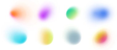 Rengi parlak mavi, yeşil, sarı, pembe ve kırmızı olan soyut bir arkaplan. Yumuşak bulanık neon parlak taneli doku. Yarı saydam modern geometrik desenli akışkan yanardöner şekiller.