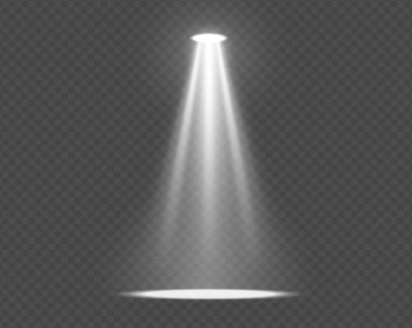 Karanlık sahne arka planında parlak spot ışığı. Parlak ve şeffaf efektli vektör çizimi. Konser sahneleri, gece kulübü etkinlikleri veya hacimsel ışıklandırma tasarımları için ideal.