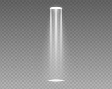 Karanlık arka planda gerçekçi bir ışıltısı olan parlak sahne ışıkları. Konser ışıklandırması, gece kulübü sahneleri veya parti etkinlikleri için vektör illüstrasyonu. Parıltılı ve ışıl ışıl parlayan neon efektleri.