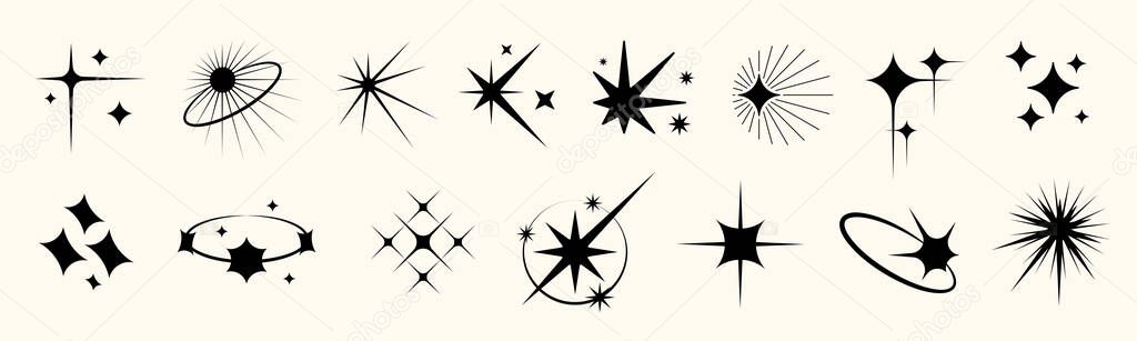 Y2K star icon set with sparkle, glitter, and twinkle effects. Includes abstract bursts, shiny symbols, luxury glint, and minimal silhouettes. Perfect for retro graphic designs.