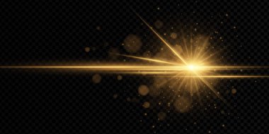 Radyal ışınlar, alevler ve ışıltılarla parlayan altın güneş patlaması. Gradyan ışın ve aura ile parlak soyut ışık efekti. Şeffaf arkaplanda vektör ögesi. Enerji veya güneş ışığı temaları için mükemmel.