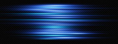 Işıl ışıl parlayan ve elektrik çizgileri olan fütüristik mavi lazer ışını. Karanlık soyut arkaplanda hızlı yatay hareket efekti. Teknoloji veya fantezi tasarım temaları için parlak dijital ışık patlaması vektörü.