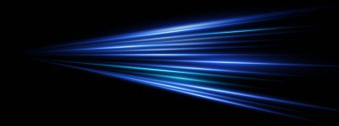 Mavi ışık çizgileri, perspektif dinamik hareket izleri ile koyu arkaplanda. Neon lazer ışınları ve parlak fişekler. Hızlı fütüristik otoyol etkisi. Vektör soyut parlayan hız enerji tasarımı