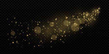 Yıldız tozu parçacıkları ve konfeti kıvılcımlarıyla altın parıltıları. Sihirli tozların izi ve şeffaf arka planda parıltı. Lüks veya tatil temaları için soyut şenlik etkisi.