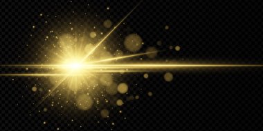 Parlayan ışık ve sihirli ışıltıyla parıldayan altın güneş ışığı. Yıldız patlaması ve parlak ışıkla soyut aura. Festival veya enerji temaları için şeffaf gökyüzünden esinlenilmiş arkaplan.