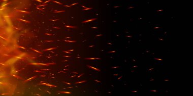 Parlayan ateş kıvılcımları ve közler koyu dumanlı arka planda yükselir. Sıcak alev, alev ve yanan parçacıklar yoğun ısıyı çağrıştırıyor. Izgara, şömine ya da patlama teması için mükemmel. Gerçekçi vektör örtüşmesi.