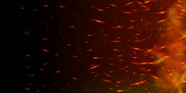 Gerçekçi ateş kıvılcımları ve parlayan közler koyu dumanlı arka planda yükselir. Sıcak alev, alev ve yanan parçacıklar yoğun ısı etkisi yaratır. Izgara, tehlike ya da patlama teması için mükemmel. Vektörler.