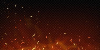 Yanan odundan yükselen kıvılcımlar, közler ve dumanlı gerçekçi bir arka plan. Sıcak alevler turuncu ve kırmızı renkte parlıyor. Tehlike, kıyamet ya da endüstriyel patlama temalı bg. Vektör illüstrasyonu