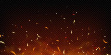 Alevler, kıvılcımlar ve kıvılcımlar havada uçuşan közlerle gerçekçi bir arka plan. Kırmızı, turuncu ve siyah parıltı şömineyi, şenlik ateşini ya da kıyameti çağrıştırıyor. Isı veya ateş gücü teması bg.