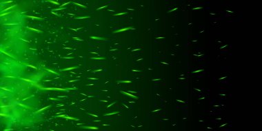 Kıvılcımlar saçan ve sihirli parçacıkları olan parlayan yeşil bir alev. Siyah dumanlı arka plan, neon ışığı, peri tozu ve zehirli sis. Sıcak közleri ve şeffaf gece parıltısıyla soyut fantezi ateşi.