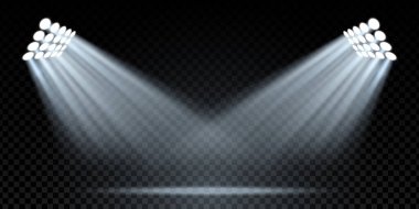 Sahne arkasında mavi spot ışıkları. Parlak vektör ışık efekti, parıltı ve şeffaf parıltı. Soyut gece kulübü, konser ya da boks salonu sahnesi. Sportif ve neşeli bir hava..