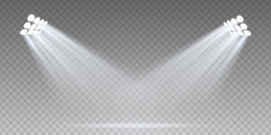 Lükslü spot ışıkları, parıltı ve parıltıyla karanlık sahnede. Mavi ve beyaz ışının vektör arka planı üzerindeki etkisi. LED aydınlatma ve fantezi atmosferli soyut stüdyo, podyum veya kulüp sahnesi.