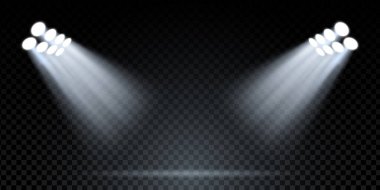 Sahne ışıkları mavi ve beyaz parlıyor. Gösterişli, aydınlık ve karanlık kulüp geçmişli bir konser sahnesi. LED ışınları ve fantezi ışıltılı efektli soyut gece gösterisi.