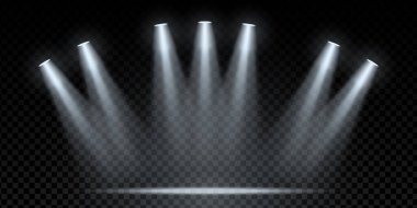 Işıklı sahne ve parlak LED projektörlü gerçekçi stadyum ışıkları. Gece konseri ya da futbol etkinliği atmosferinde parıltı, tavan ışıkları ve dramatik bir parlaklık. Şeffaf arkaplan.