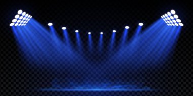 Mavi spot ışıkları ve sisli gece stadyumu konseri. Duman, sis ve LED projektörlü futbol sahası. Parlak sahne ışıkları, disko atmosferi ve soyut aydınlatılmış arka plan. Vektör illüstrasyonu