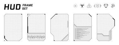 Şeffaf cam panelleri, kare aramaları ve şık dijital çerçeveleri olan yüksek teknoloji siber punk HUD. Soyut siyah-beyaz UI fütüristik bir oyun veya yapay zeka arayüzü yaratır.