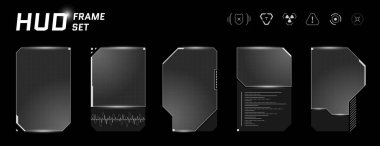 Asgari vektör şekilli, kare çerçeveli ve siber punk monitör düzenine sahip gelecekçi HUD penceresi. Şeffaf arayüz, teknik çağrıları ve bilim kurgu paneli tasarımını harmanlıyor.