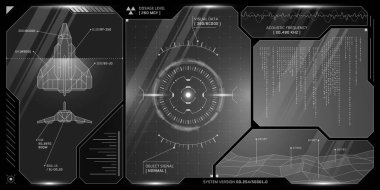Uzay gemisi grafikleri, kontrol simgeleri ve hologram taramaları olan parlak dijital HUD. Minimalist arayüz, şeffaf vektör düzeninde yüksek teknolojili kokpit veya bilim kurgu oyunu görüntüsünü anımsatıyor.