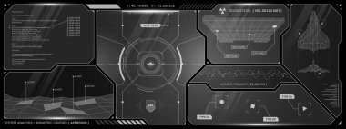 Gelişmiş HUD arayüzü yapay zeka radarı, robot sistem taramaları ve holografik çizelgeler gösteriyor. Siberpunk ekran, teknik düzeni kokpit görüntüsü ve sanal oyun gösterge paneli tasarımıyla harmanlar.