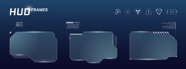 Bilim kurgu HUD elemanları, parlayan düğmeler ve başlık çubuğuyla mavi dijital arayüz çerçevesi. Oyun akışı veya siberpunk sanal ekran sistemi için gelecekteki gösterge paneli düzeni.